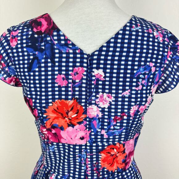 Chris McLaughlin | Blue White Checker Pink Floral Ruffle V-Neck Cap Sleeve Dress - Picture 5 of 12